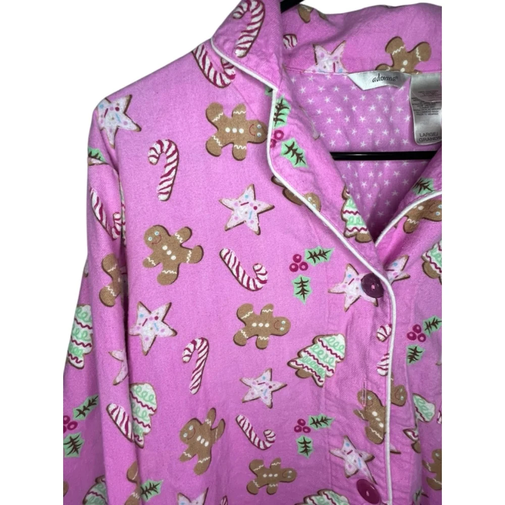Adonna Pink Christmas Patterned Long Sleeve Button Up Pajama Shirt - Picture 2 of 5